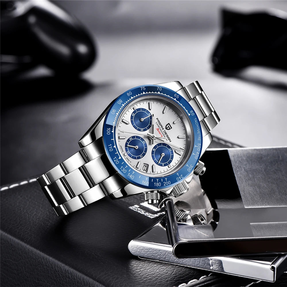 PAGANI DESIGN PD1644 Men's VK63 Quartz Chronograph Watch Sapphire Glass Stainless Steel 100M Waterproof Sport Wristwatch