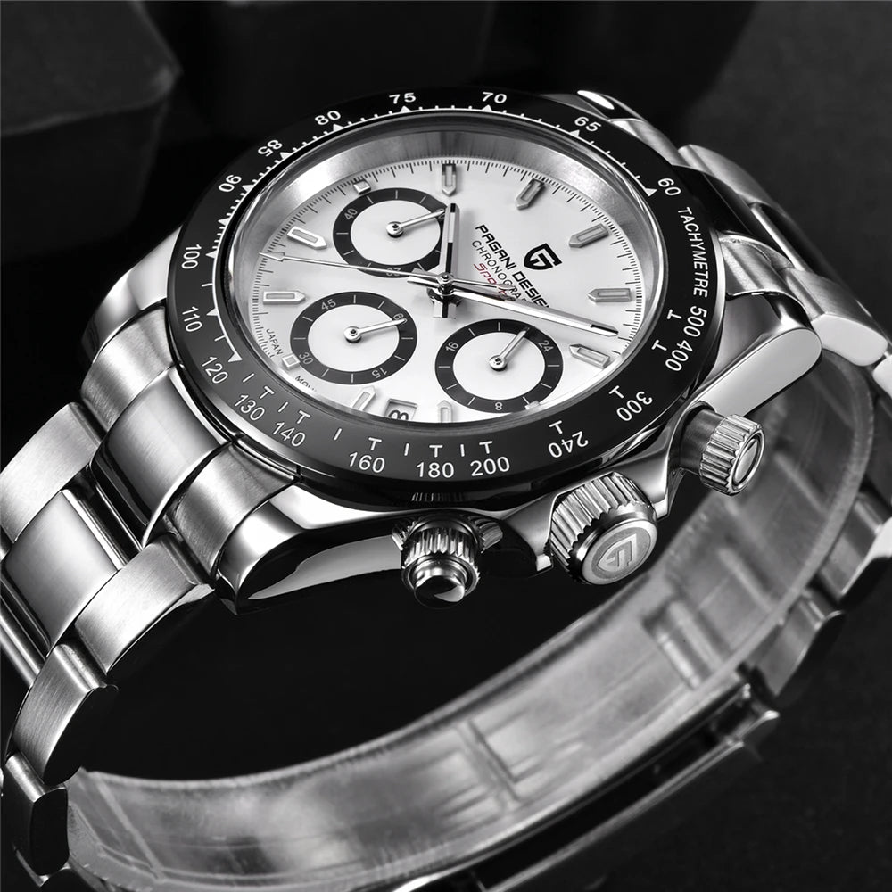 PAGANI DESIGN PD1644 Men's VK63 Quartz Chronograph Watch Sapphire Glass Stainless Steel 100M Waterproof Sport Wristwatch