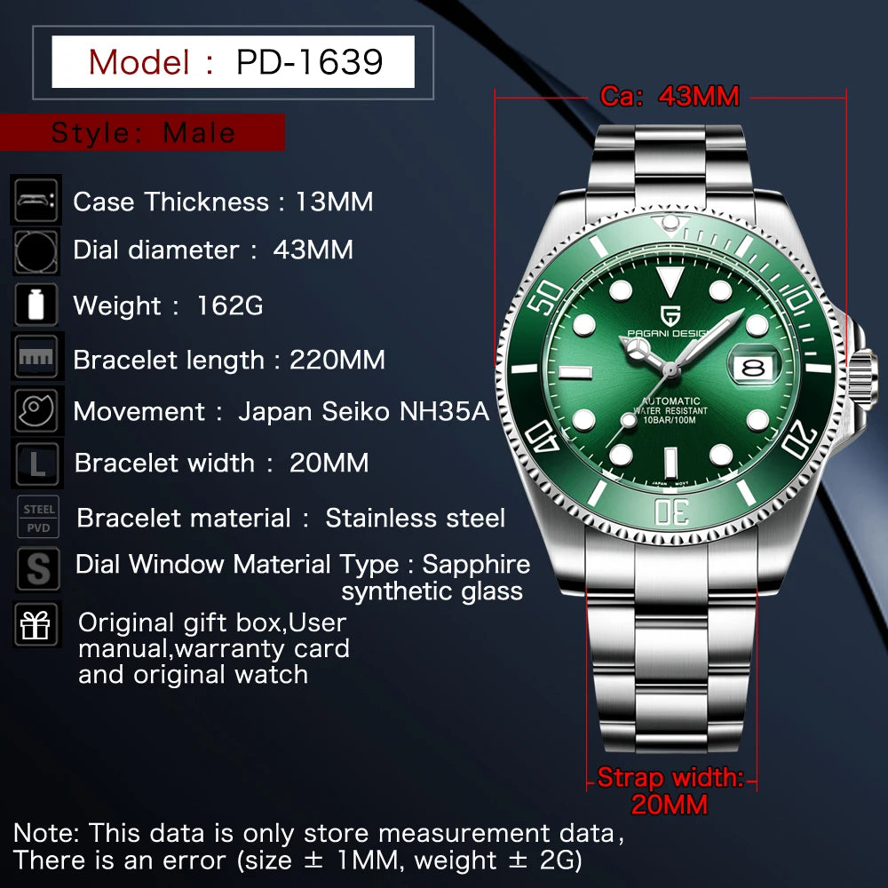 PAGANI DESIGN Men's Watches Waterproof Automatic Watch Men Luxury Business Stainless steel Mechanical Wristwatch For 2026 New