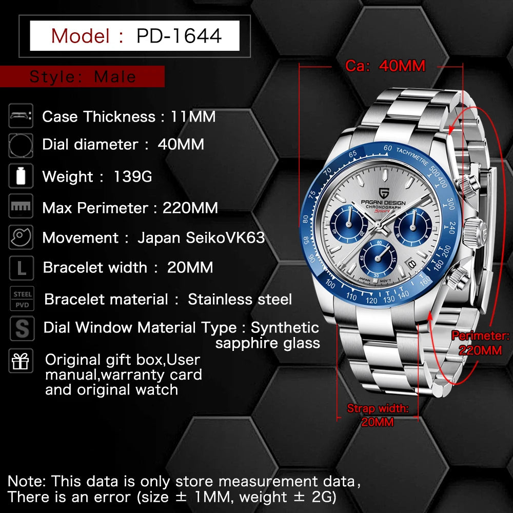 PAGANI DESIGN PD1644 Men's VK63 Quartz Chronograph Watch Sapphire Glass Stainless Steel 100M Waterproof Sport Wristwatch