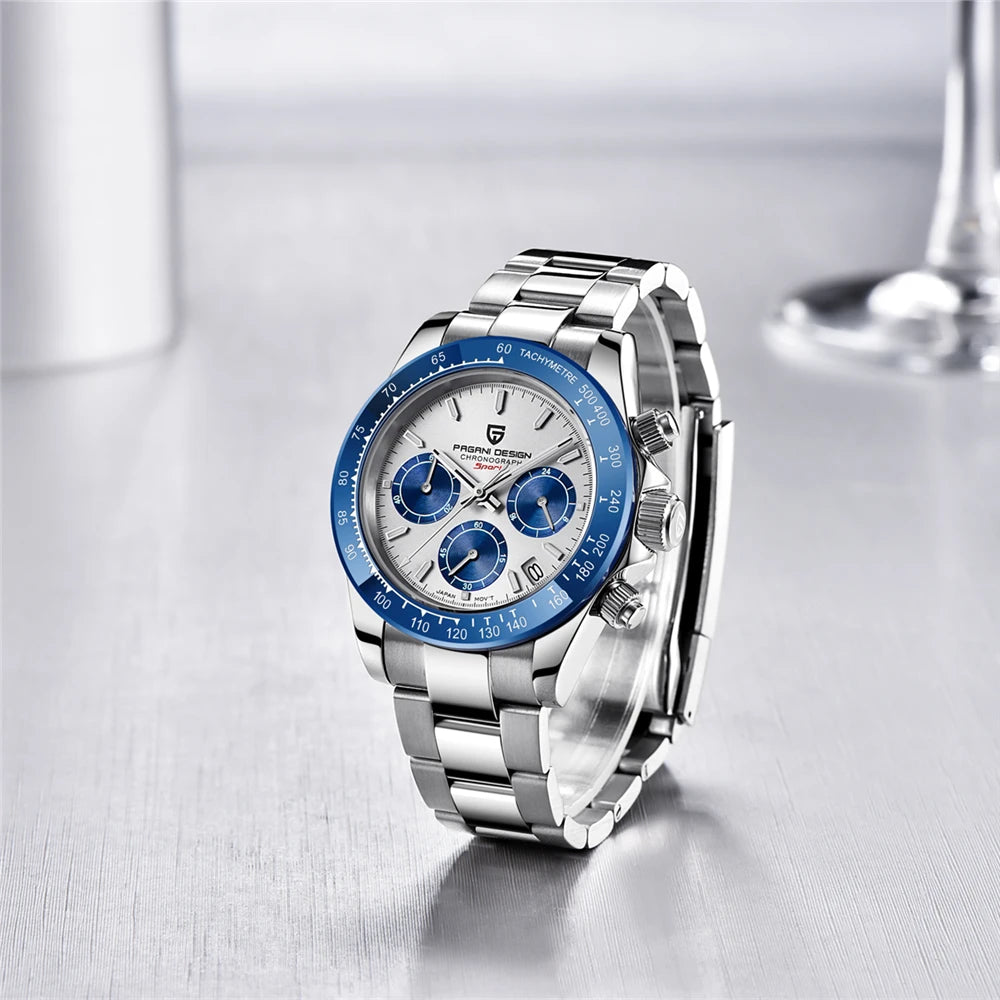 PAGANI DESIGN PD1644 Men's VK63 Quartz Chronograph Watch Sapphire Glass Stainless Steel 100M Waterproof Sport Wristwatch