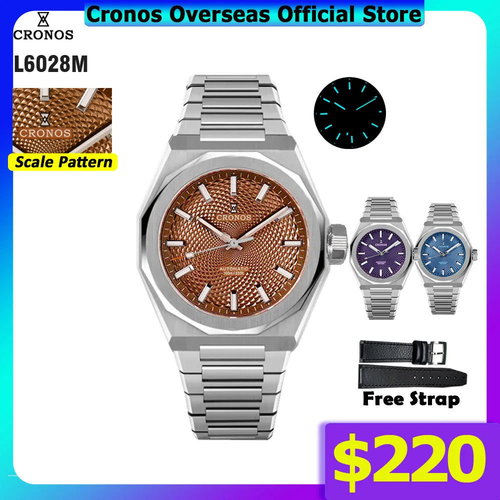 Cronos Luxury Men Watch 39mm Automatic PT5004 Wristwatches Scale Pattern Sapphire 10ATM See-through Back L6028