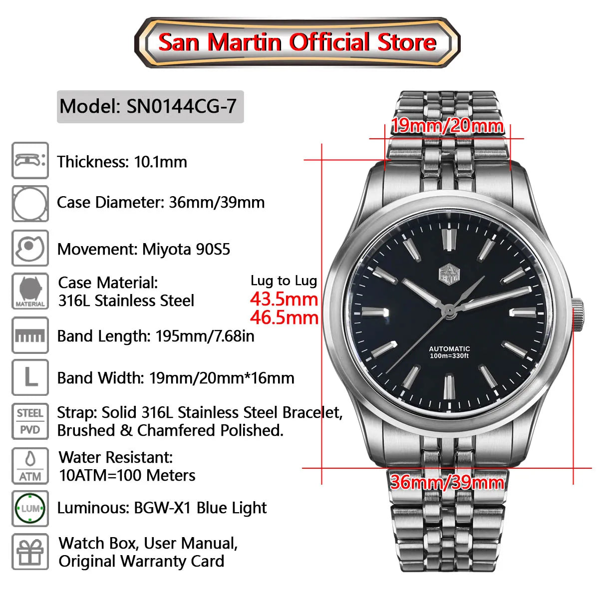 San Martin 36mm 39mm Gada Classic Simple Enamel Dial Miyota 90S5 Original Design Dress Men Automatic Mechanical Watch SN0144