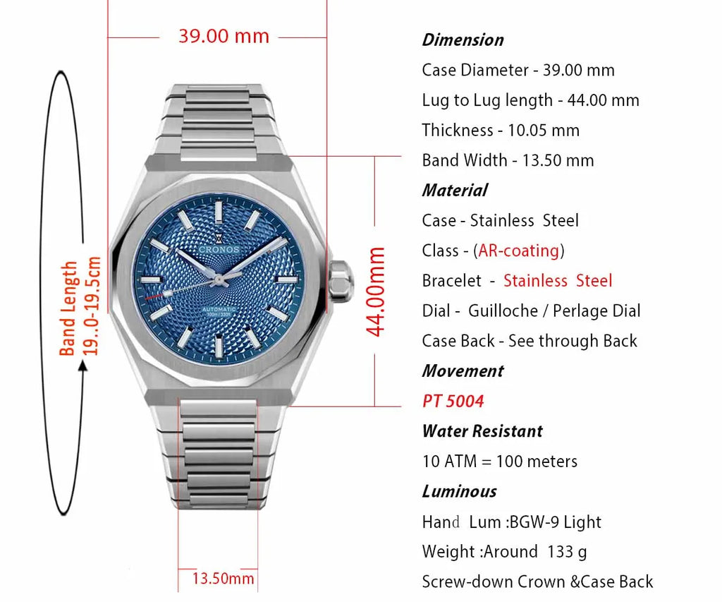 Cronos Luxury Men Watch 39mm Automatic PT5004 Wristwatches Scale Pattern Sapphire 10ATM See-through Back L6028