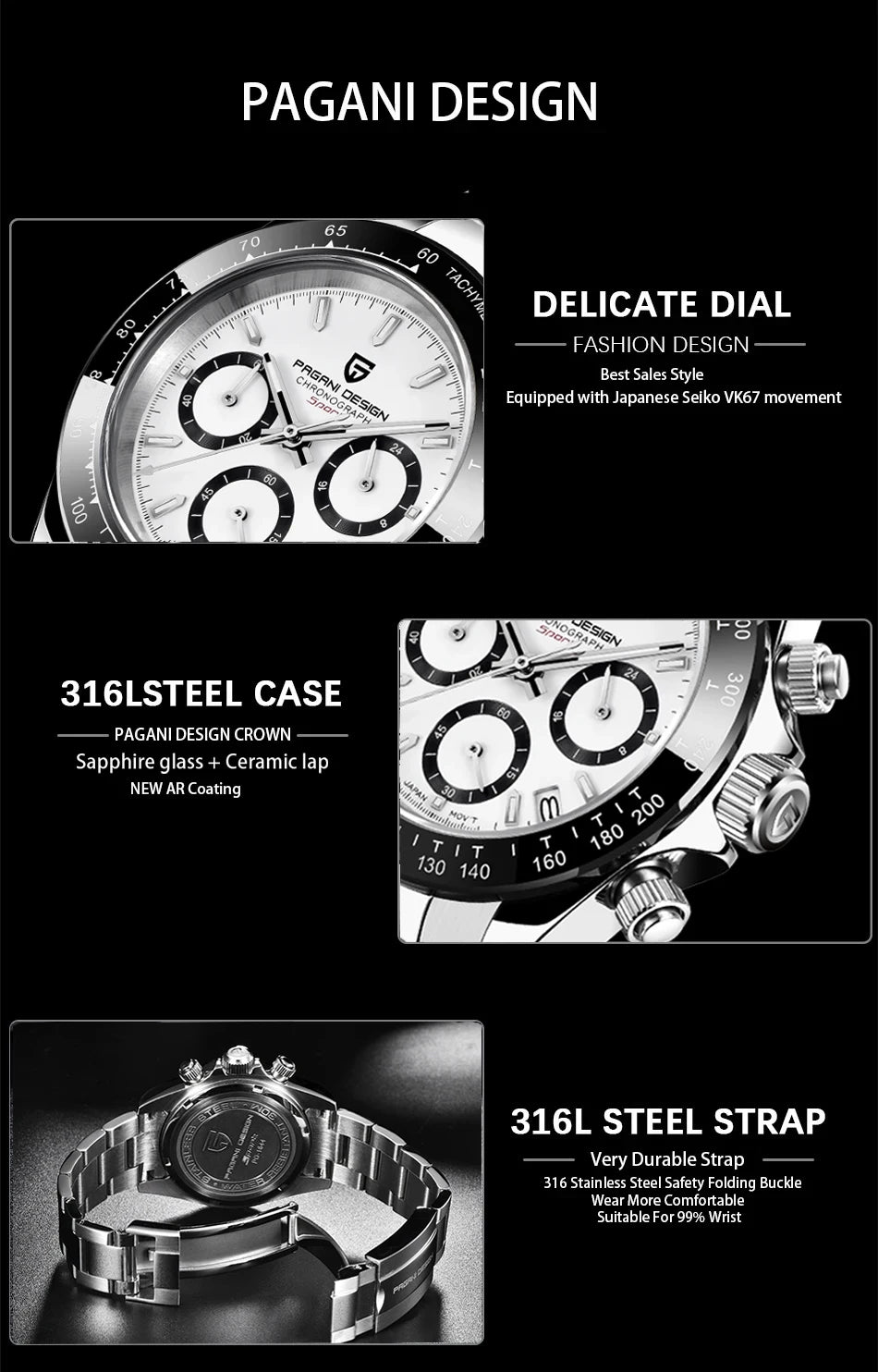 PAGANI DESIGN PD1644 Men's VK63 Quartz Chronograph Watch Sapphire Glass Stainless Steel 100M Waterproof Sport Wristwatch